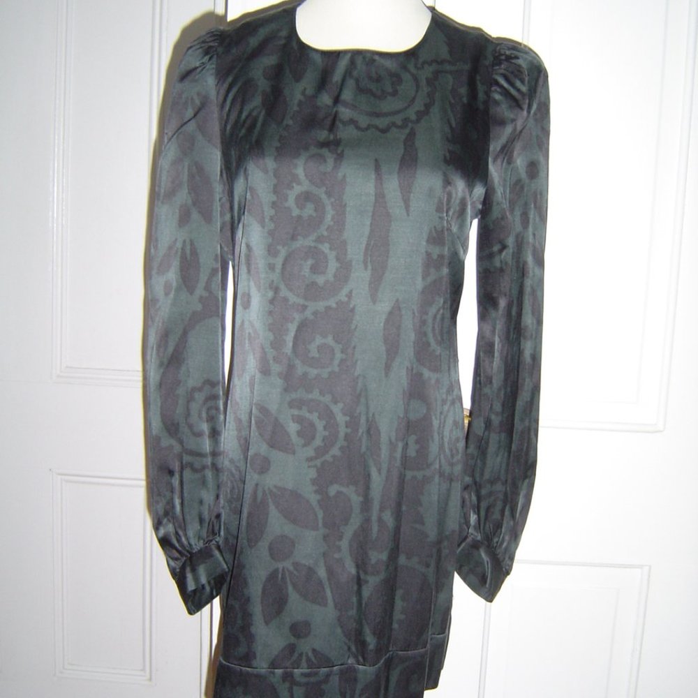 FRENCH CONNECTION BLACK GREEN SILK PUFF SLEEVES MINI DRESS US 10 L UK 14